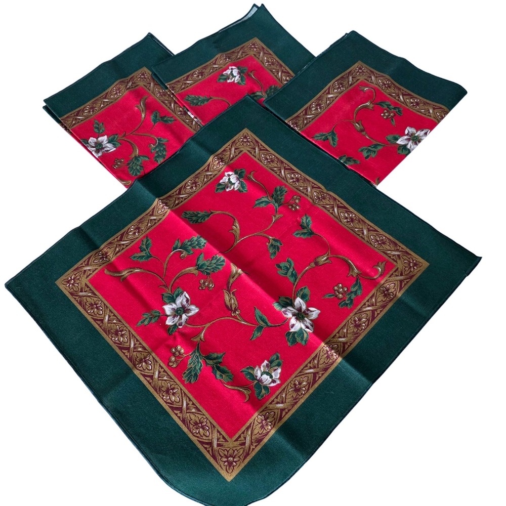 Vtg Christmas Holly Berry Floral Fabric Napkin Set Red Green Gold Holiday Retro
